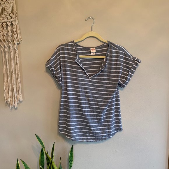 Gray and White Striped Button Box Tee - Picture 1 of 6